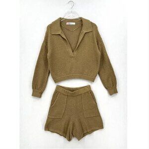 FREE PEOPLE Carter Sweater Set Womens XS Olive Green Log Sleeve Polo Shorts